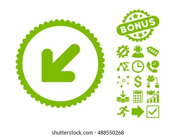 Arrow Down Left pictograph with bonus symbols. Vector illustration style is flat iconic symbols, eco green color, white background.
