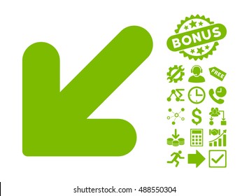 Arrow Down Left pictograph with bonus pictures. Vector illustration style is flat iconic symbols, eco green color, white background.