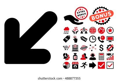 Arrow Down Left pictograph with bonus design elements. Vector illustration style is flat iconic bicolor symbols, intensive red and black colors, white background.