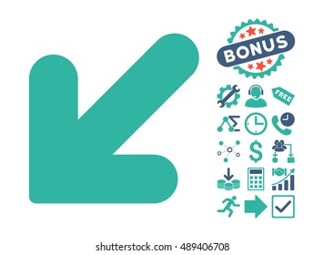 Arrow Down Left pictograph with bonus images. Vector illustration style is flat iconic bicolor symbols, cobalt and cyan colors, white background.