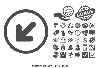 Arrow Down Left pictograph with bonus images. Vector illustration style is flat iconic symbols, gray color, white background.