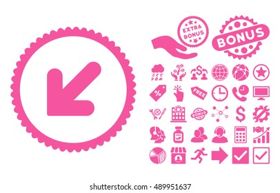 Arrow Down Left pictograph with bonus pictograph collection. Vector illustration style is flat iconic symbols, pink color, white background.