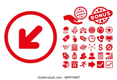 Arrow Down Left pictograph with bonus symbols. Vector illustration style is flat iconic symbols, red color, white background.