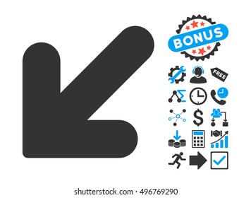 Arrow Down Left pictograph with bonus images. Vector illustration style is flat iconic bicolor symbols, blue and gray colors, white background.