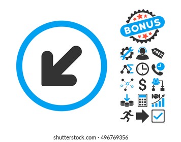 Arrow Down Left pictograph with bonus clip art. Vector illustration style is flat iconic bicolor symbols, blue and gray colors, white background.
