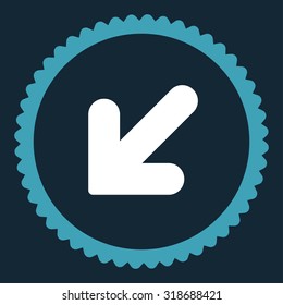 Arrow Down Left round stamp icon. This flat vector symbol is drawn with blue and white colors on a dark blue background.