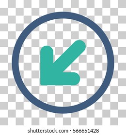 Arrow Down Left rounded icon. Vector illustration style is flat iconic bicolor symbol inside a circle, cobalt and cyan colors, transparent background. Designed for web and software interfaces.