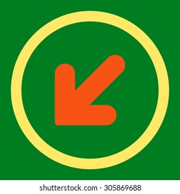Arrow Down Left vector icon. This rounded flat symbol is drawn with orange and yellow colors on a green background.