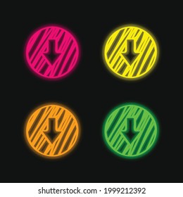 Arrow Down Outline Sketched Circle four color glowing neon vector icon
