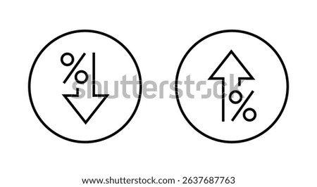 Arrow down and up percent outline icon on circle line. Percentage downward and upward arrows sign symbol