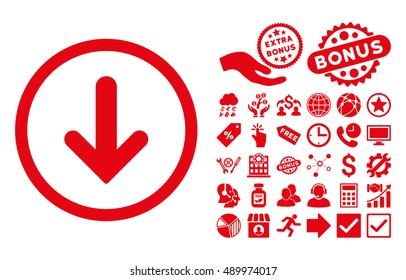 Arrow Down pictograph with bonus design elements. Vector illustration style is flat iconic symbols, red color, white background.