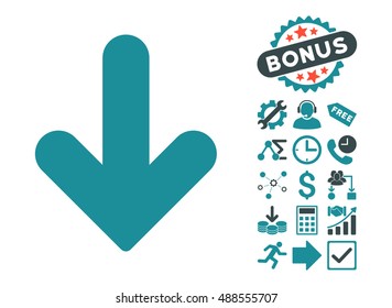 Arrow Down pictograph with bonus icon set. Vector illustration style is flat iconic bicolor symbols, soft blue colors, white background.