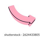 Arrow, down right and forward direction. Curved element for rotation, movement below. Showing descent action. Navigation pointer pointing. Flat vector illustration isolated on white background