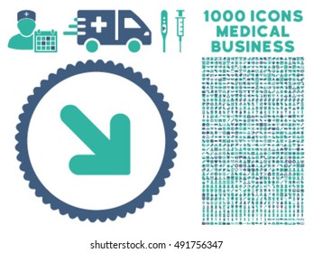 Arrow Down Right icon with 1000 medical business cobalt and cyan vector pictograms. Design style is flat bicolor symbols, white background.