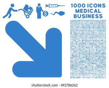 Arrow Down Right icon with 1000 medical commerce cobalt vector pictograms. Clipart style is flat symbols, white background.