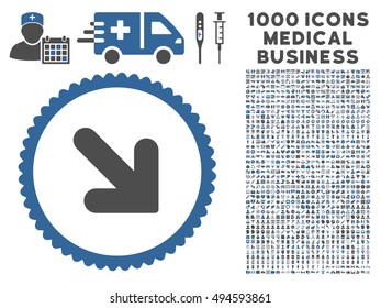 Arrow Down Right icon with 1000 medical commercial cobalt and gray vector pictographs. Design style is flat bicolor symbols, white background.