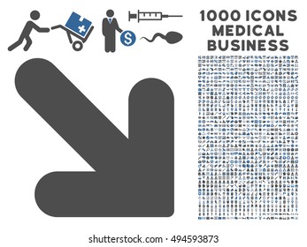 Arrow Down Right icon with 1000 medical commercial cobalt and gray vector pictograms. Collection style is flat bicolor symbols, white background.