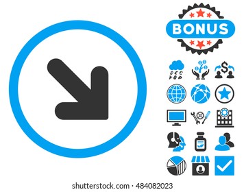 Arrow Down Right icon with bonus symbols. Vector illustration style is flat iconic bicolor symbols, blue and gray colors, white background.