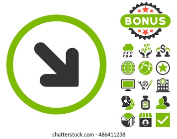Arrow Down Right icon with bonus pictures. Vector illustration style is flat iconic bicolor symbols, eco green and gray colors, white background.