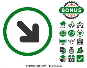 Arrow Down Right icon with bonus images. Vector illustration style is flat iconic bicolor symbols, green and gray colors, white background.