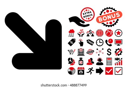 Arrow Down Right icon with bonus images. Vector illustration style is flat iconic bicolor symbols, intensive red and black colors, white background.