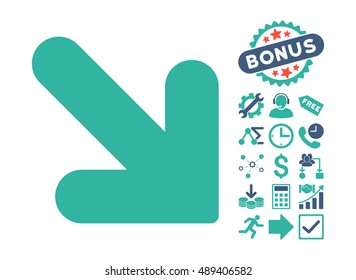Arrow Down Right icon with bonus design elements. Vector illustration style is flat iconic bicolor symbols, cobalt and cyan colors, white background.