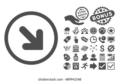 Arrow Down Right icon with bonus pictures. Vector illustration style is flat iconic symbols, gray color, white background.