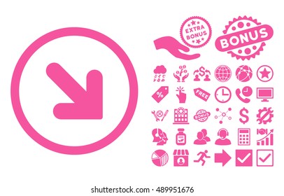 Arrow Down Right icon with bonus pictures. Vector illustration style is flat iconic symbols, pink color, white background.