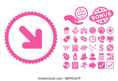 Arrow Down Right icon with bonus pictograph collection. Vector illustration style is flat iconic symbols, pink color, white background.