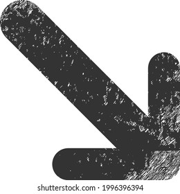 Arrow down right icon with grunge style. Isolated vector arrow down right icon image with grunge rubber texture on a white background.