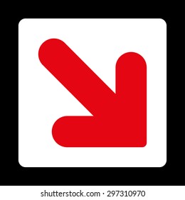 Arrow Down Right icon from Primitive Buttons OverColor Set. This rounded square flat button is drawn with red and white colors on a black background.