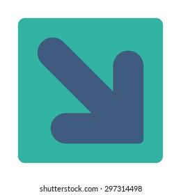 Arrow Down Right icon from Primitive Buttons OverColor Set. This rounded square flat button is drawn with cobalt and cyan colors on a white background.