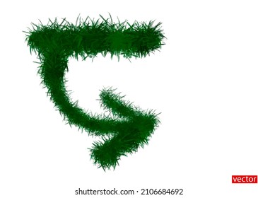 La flecha hacia abajo y hacia la derecha está aislada en un fondo blanco. Flecha verde. Ilustración 3D. Flecha con textura de pasto. Etiqueta ecológica