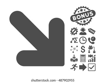 Arrow Down Right pictograph with bonus pictures. Vector illustration style is flat iconic symbols, gray color, white background.
