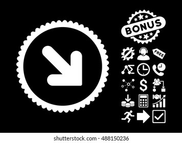 Arrow Down Right pictograph with bonus pictograph collection. Vector illustration style is flat iconic symbols, white color, black background.