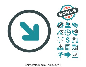 Arrow Down Right pictograph with bonus images. Vector illustration style is flat iconic bicolor symbols, soft blue colors, white background.