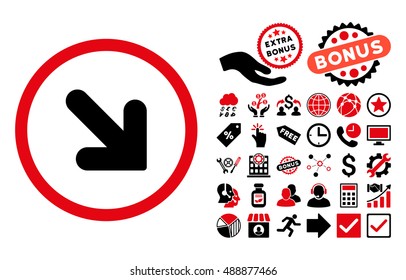 Arrow Down Right pictograph with bonus icon set. Vector illustration style is flat iconic bicolor symbols, intensive red and black colors, white background.