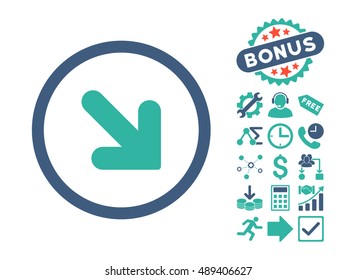 Arrow Down Right pictograph with bonus clip art. Vector illustration style is flat iconic bicolor symbols, cobalt and cyan colors, white background.