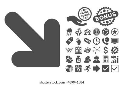 Arrow Down Right pictograph with bonus pictogram. Vector illustration style is flat iconic symbols, gray color, white background.