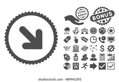 Arrow Down Right pictograph with bonus pictograph collection. Vector illustration style is flat iconic symbols, gray color, white background.