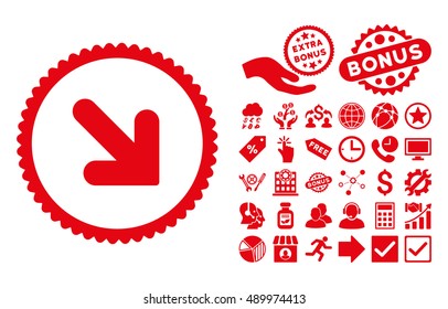 Pfeil nach unten Bild mit dem Bonussymbol. Vektorillustration-Illustrationsstil ist flach ikonische Symbole, rote Farbe, weißer Hintergrund.