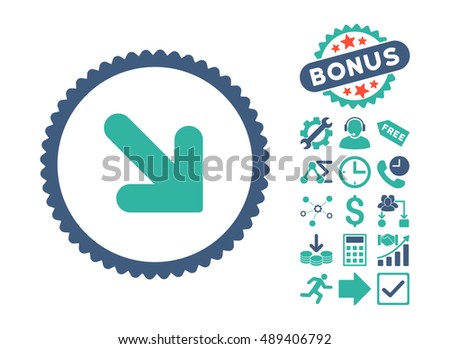 Arrow Down Right pictograph with bonus pictogram. Vector illustration style is flat iconic bicolor symbols, cobalt and cyan colors, white background.