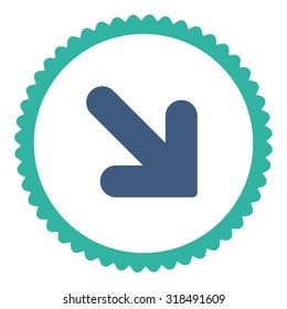 Arrow Down Right round stamp icon. This flat vector symbol is drawn with cobalt and cyan colors on a white background.