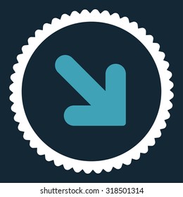 Arrow Down Right round stamp icon. This flat vector symbol is drawn with blue and white colors on a dark blue background.