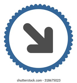 Arrow Down Right round stamp icon. This flat vector symbol is drawn with cobalt and gray colors on a white background.