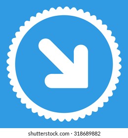 Arrow Down Right round stamp icon. This flat vector symbol is drawn with white color on a blue background.