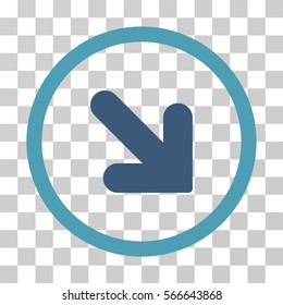 Arrow Down Right rounded icon. Vector illustration style is flat iconic bicolor symbol inside a circle, cyan and blue colors, transparent background. Designed for web and software interfaces.