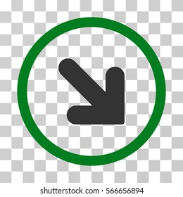 Arrow Down Right rounded icon. Vector illustration style is flat iconic bicolor symbol inside a circle, green and gray colors, transparent background. Designed for web and software interfaces.