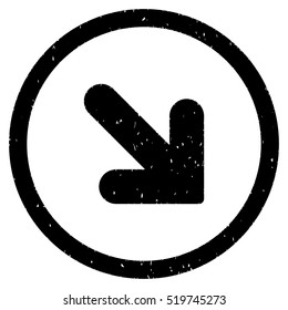 Arrow Down Right rubber seal stamp watermark. Icon vector symbol with grunge design and unclean texture. Scratched black ink sticker on a white background.