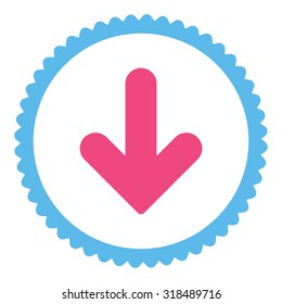 Arrow Down round stamp icon. This flat vector symbol is drawn with pink and blue colors on a white background.